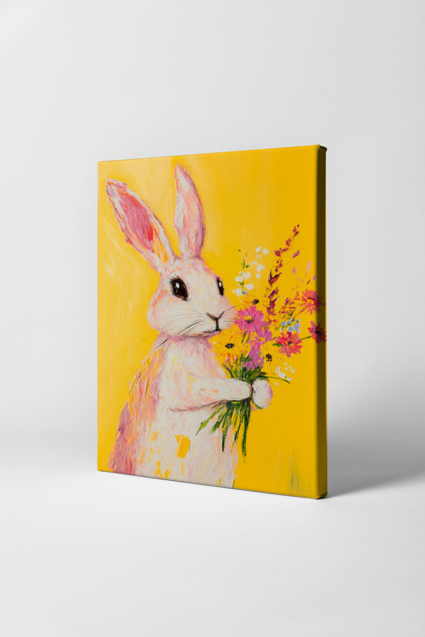 Malerei Poster Hase Blumenstrauß bunt gelb