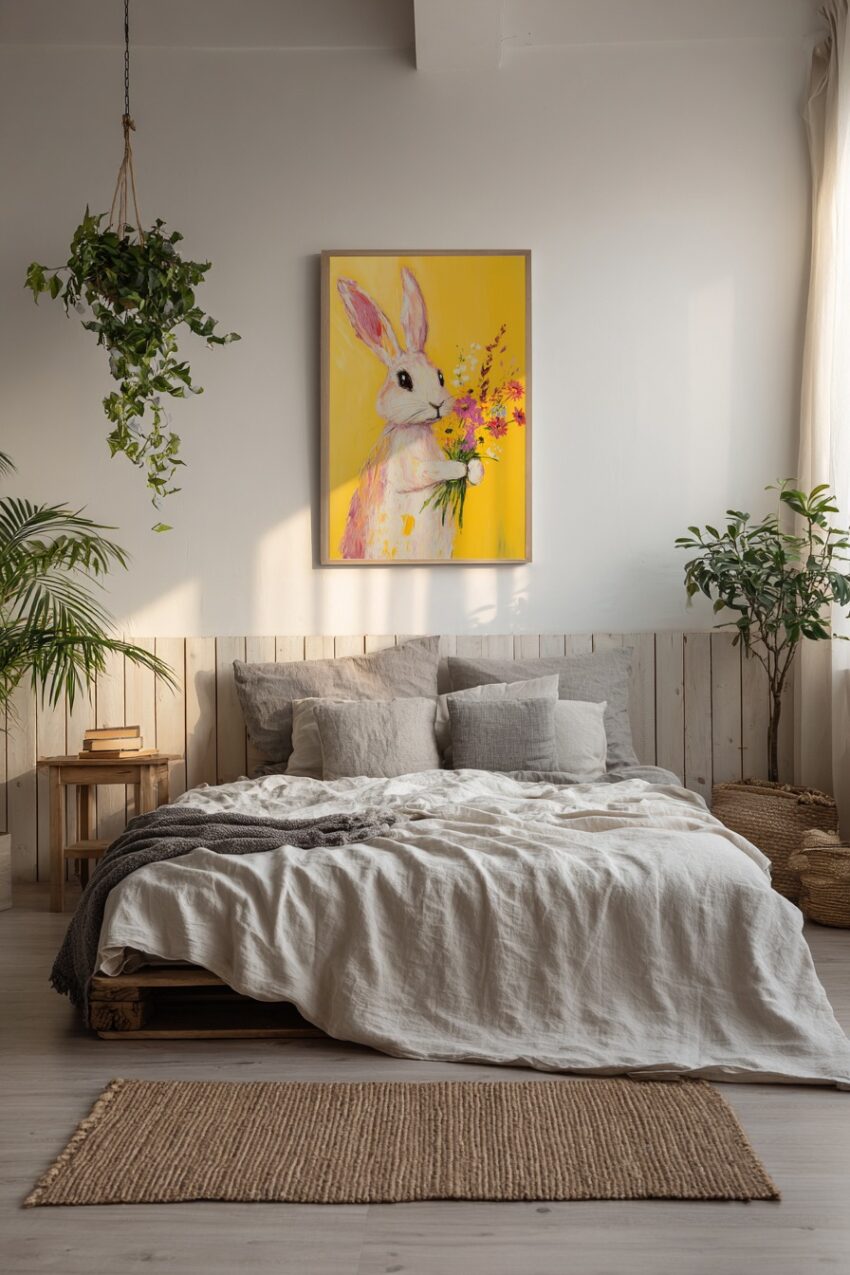 Malerei Poster Hase Blumenstrauß bunt gelb