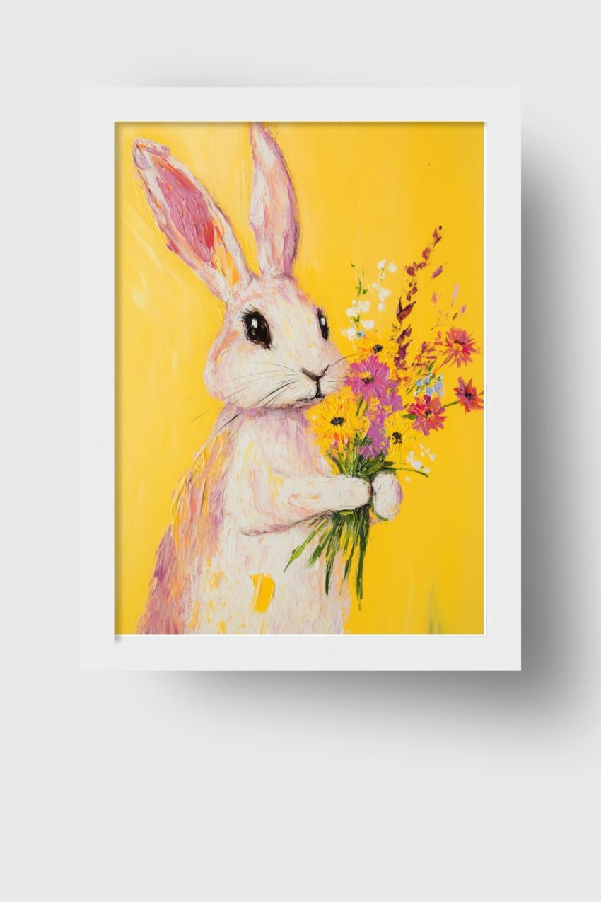 Malerei Poster Hase Blumenstrauß bunt gelb