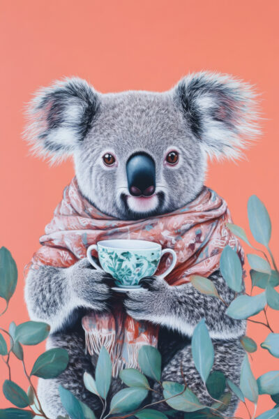 Koala mit Tasse Gerahmt