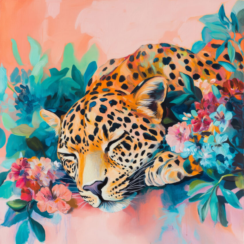 Malerei Poster schlafender Leopard bunt floral