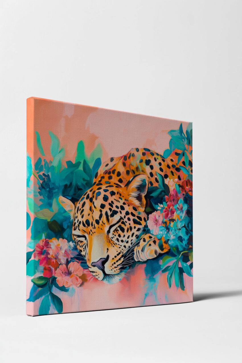 Malerei Poster schlafender Leopard bunt floral