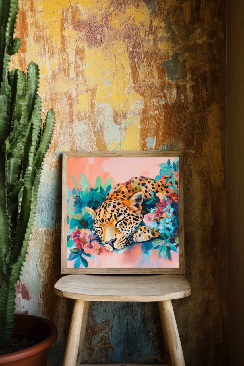 Malerei Poster schlafender Leopard bunt floral