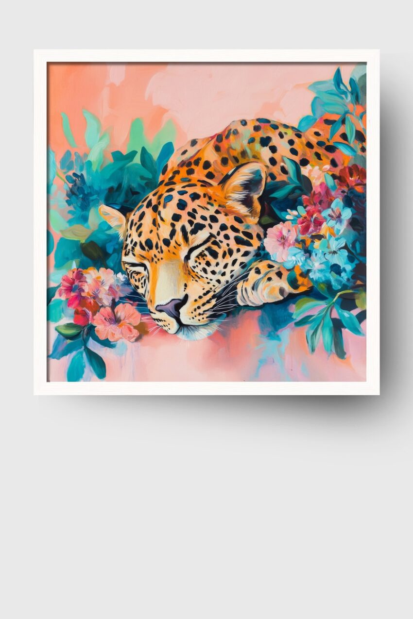 Malerei Poster schlafender Leopard bunt floral