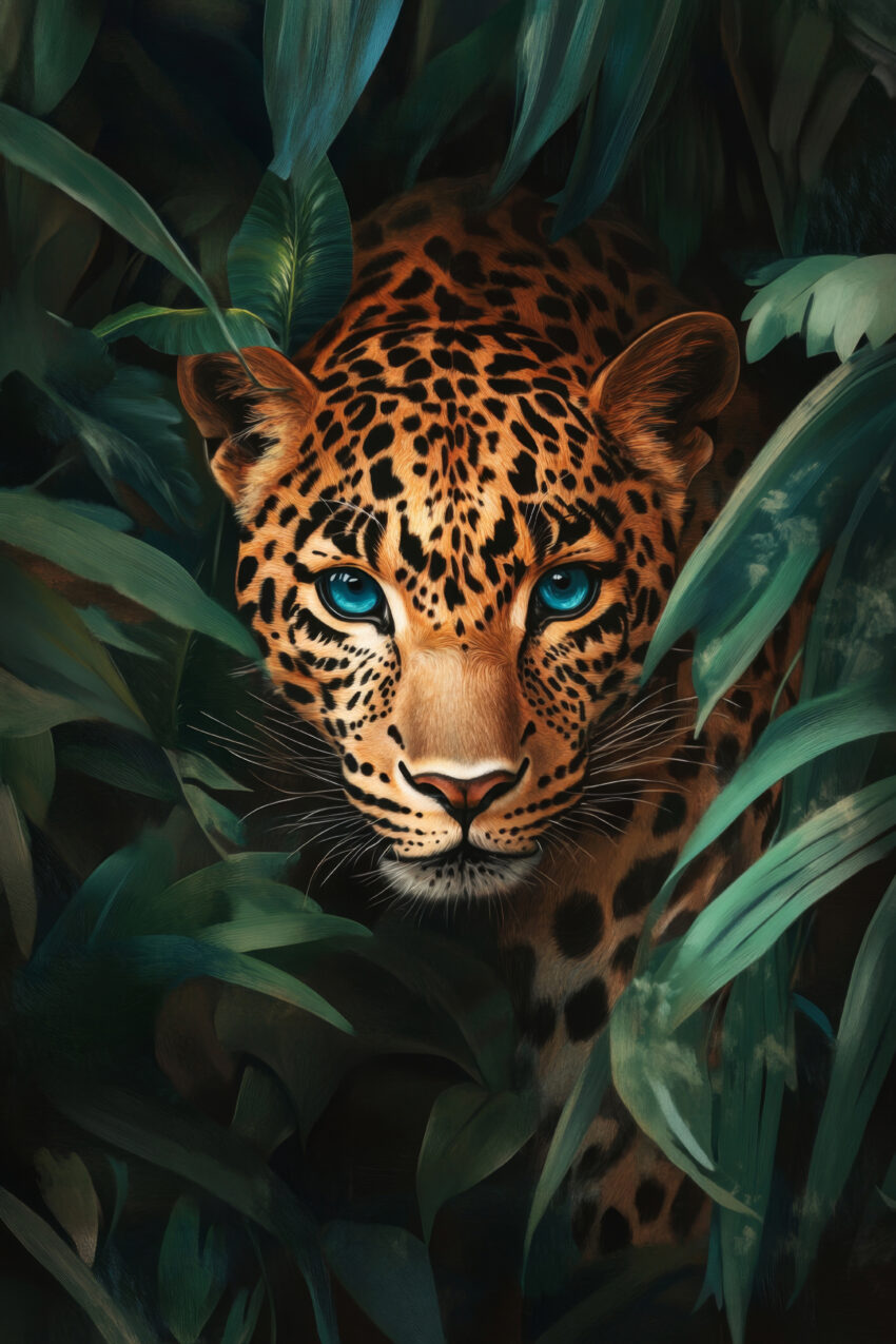 Illustration Poster Leopard blauäugig Tigerähnlich grün