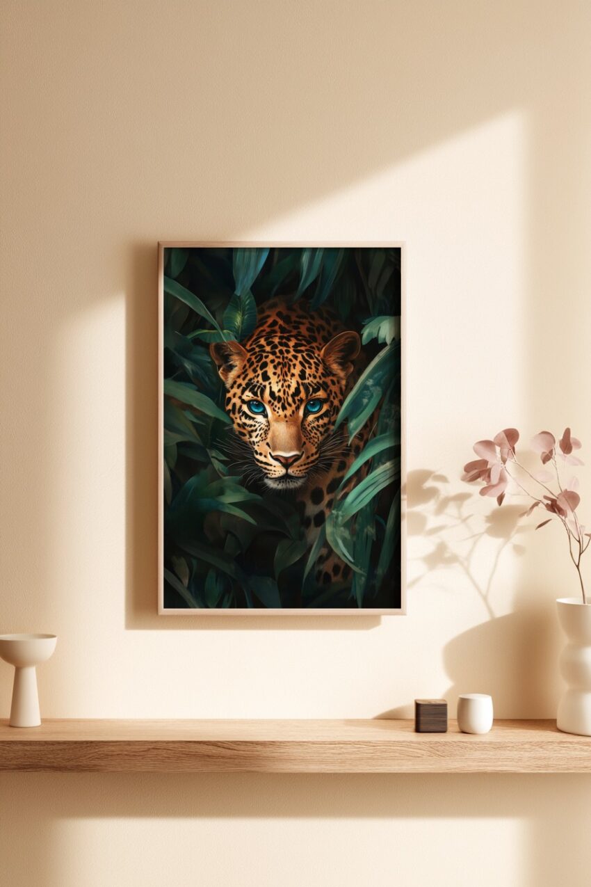 Illustration Poster Leopard blauäugig Tigerähnlich grün