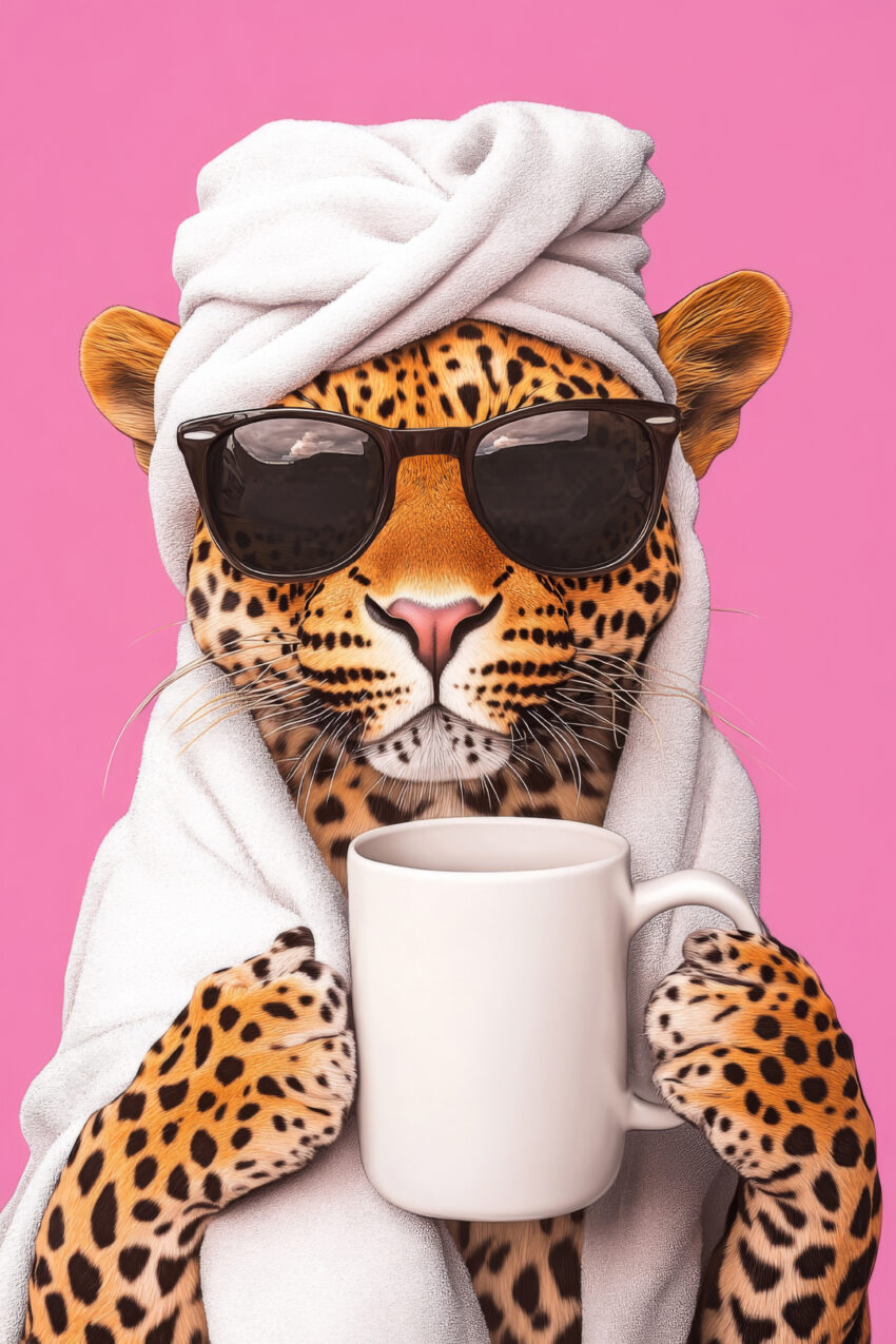 Digitale Kunst Poster Leopard mit Sonnenbrille Handtuch rosa