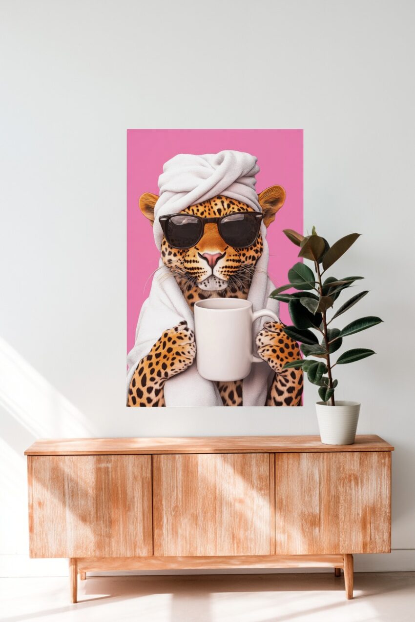 Digitale Kunst Poster Leopard mit Sonnenbrille Handtuch rosa