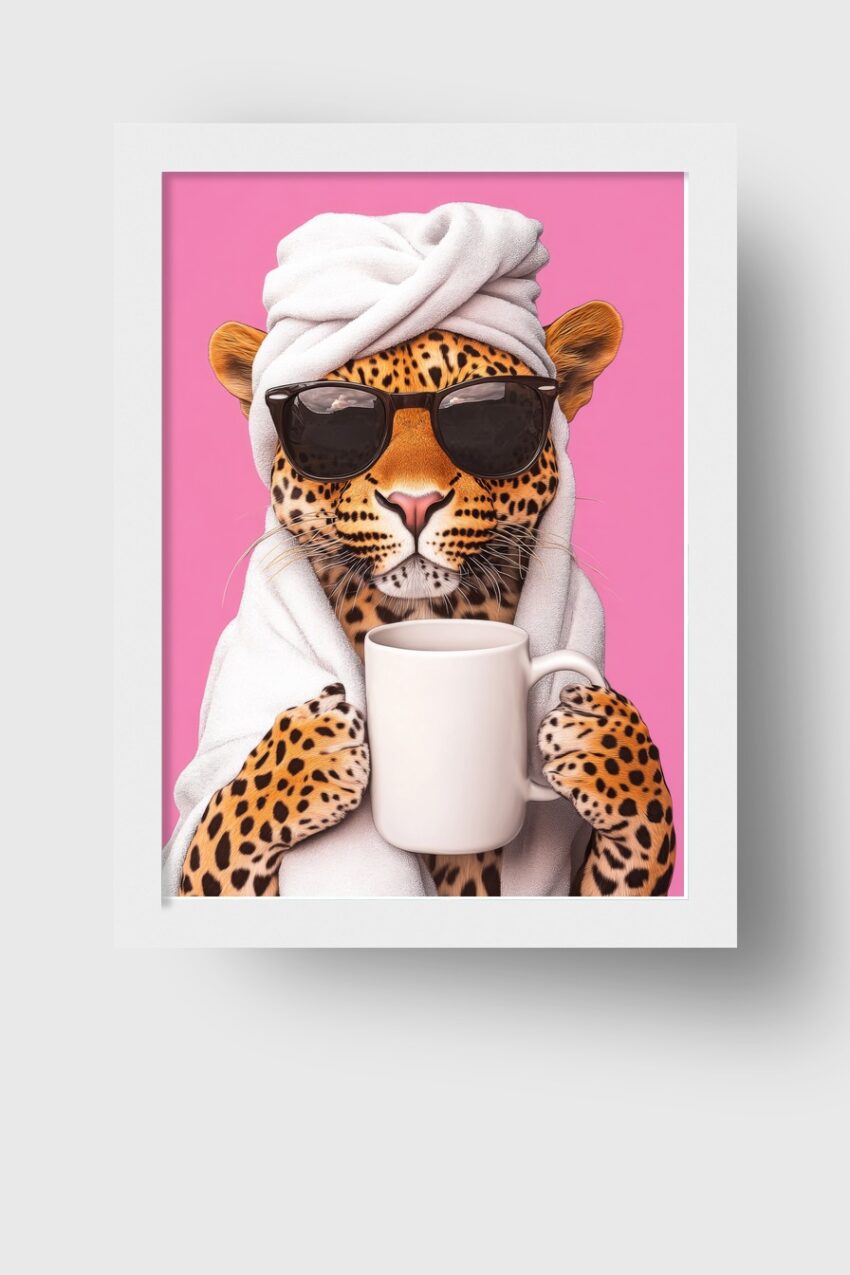 Digitale Kunst Poster Leopard mit Sonnenbrille Handtuch rosa