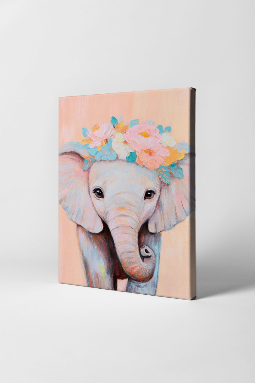 Malerei Poster Elefant Blütenkranz pastellfarben