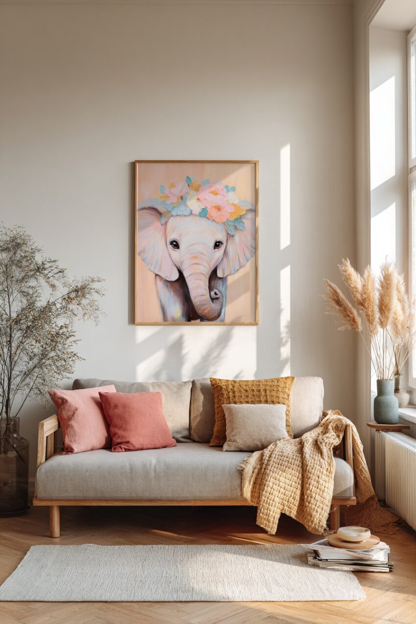 Malerei Poster Elefant Blütenkranz pastellfarben