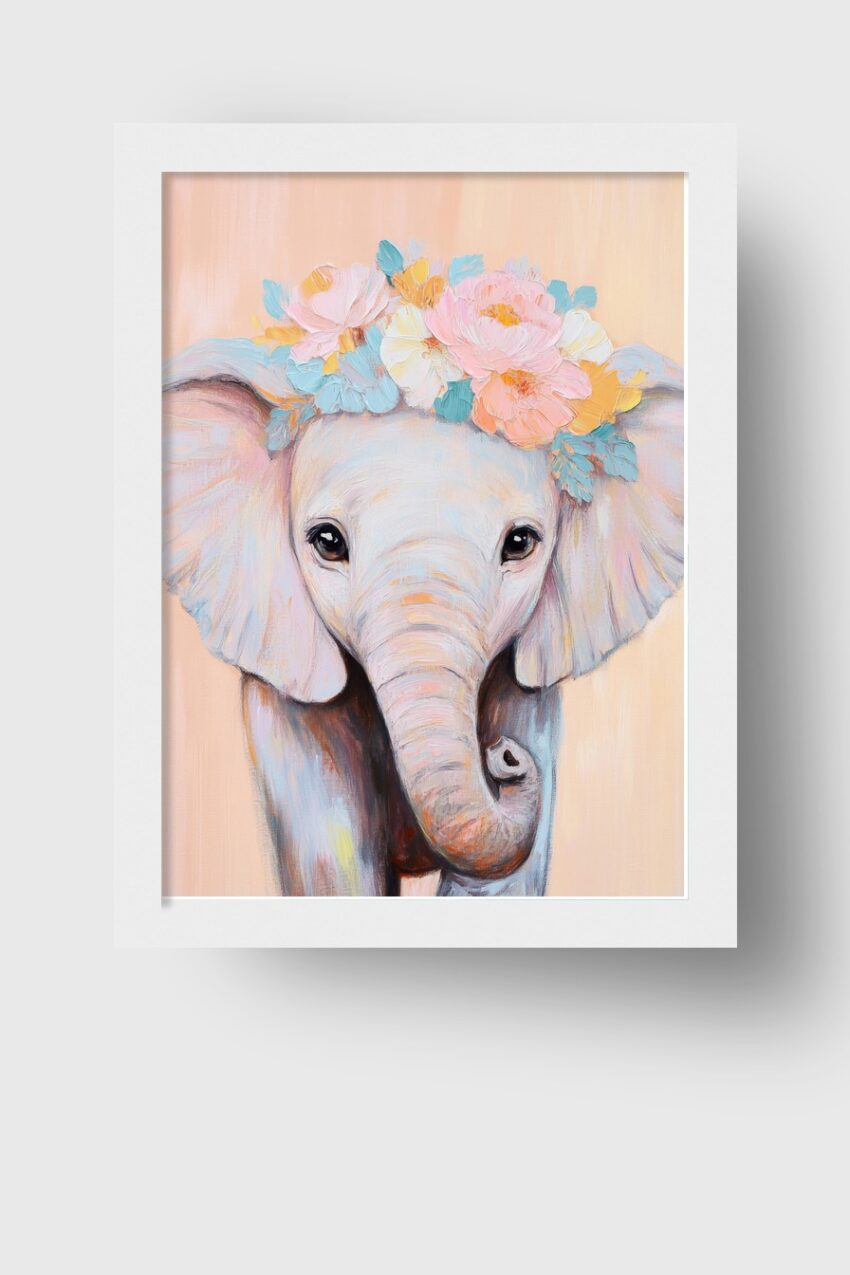 Malerei Poster Elefant Blütenkranz pastellfarben