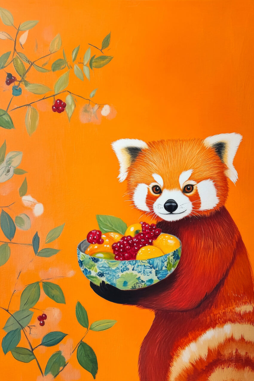 Illustration Poster Roter Panda Schale Früchte Orange