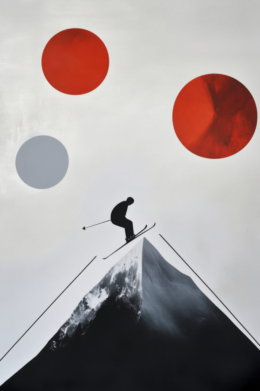 Grafik Poster Skifahrer Berg Silhouette minimalistisch rot grau