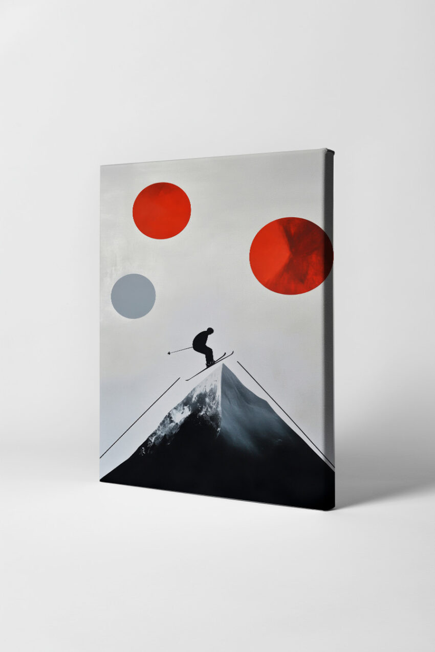 Grafik Poster Skifahrer Berg Silhouette minimalistisch rot grau