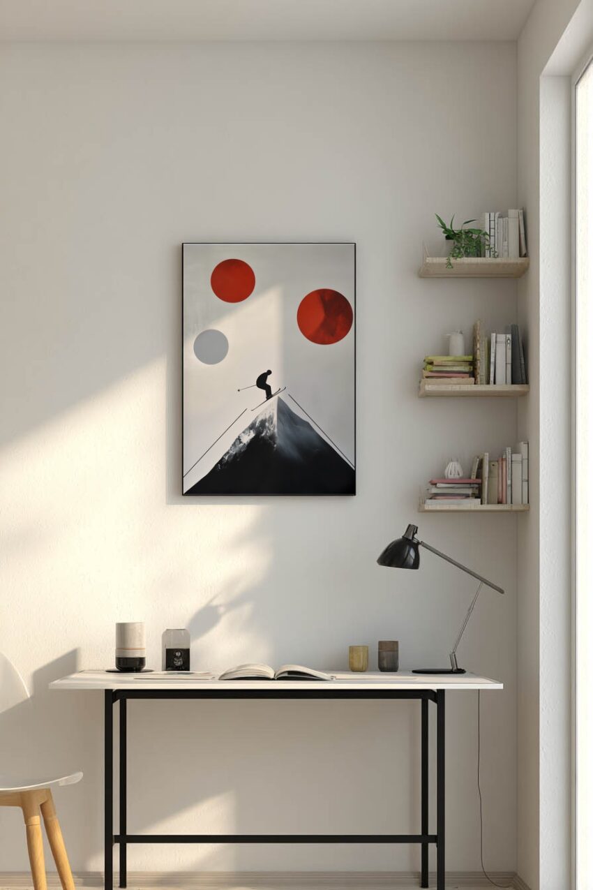 Grafik Poster Skifahrer Berg Silhouette minimalistisch rot grau