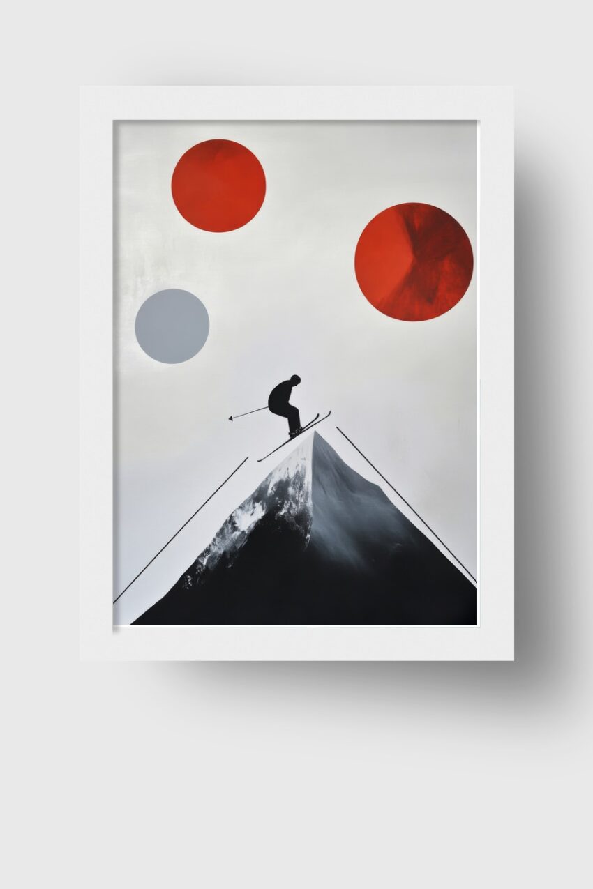 Grafik Poster Skifahrer Berg Silhouette minimalistisch rot grau