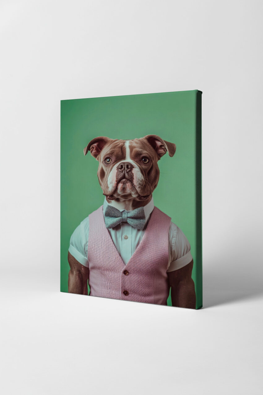 Fotografie Poster Bulldogge Weste Fliege grün