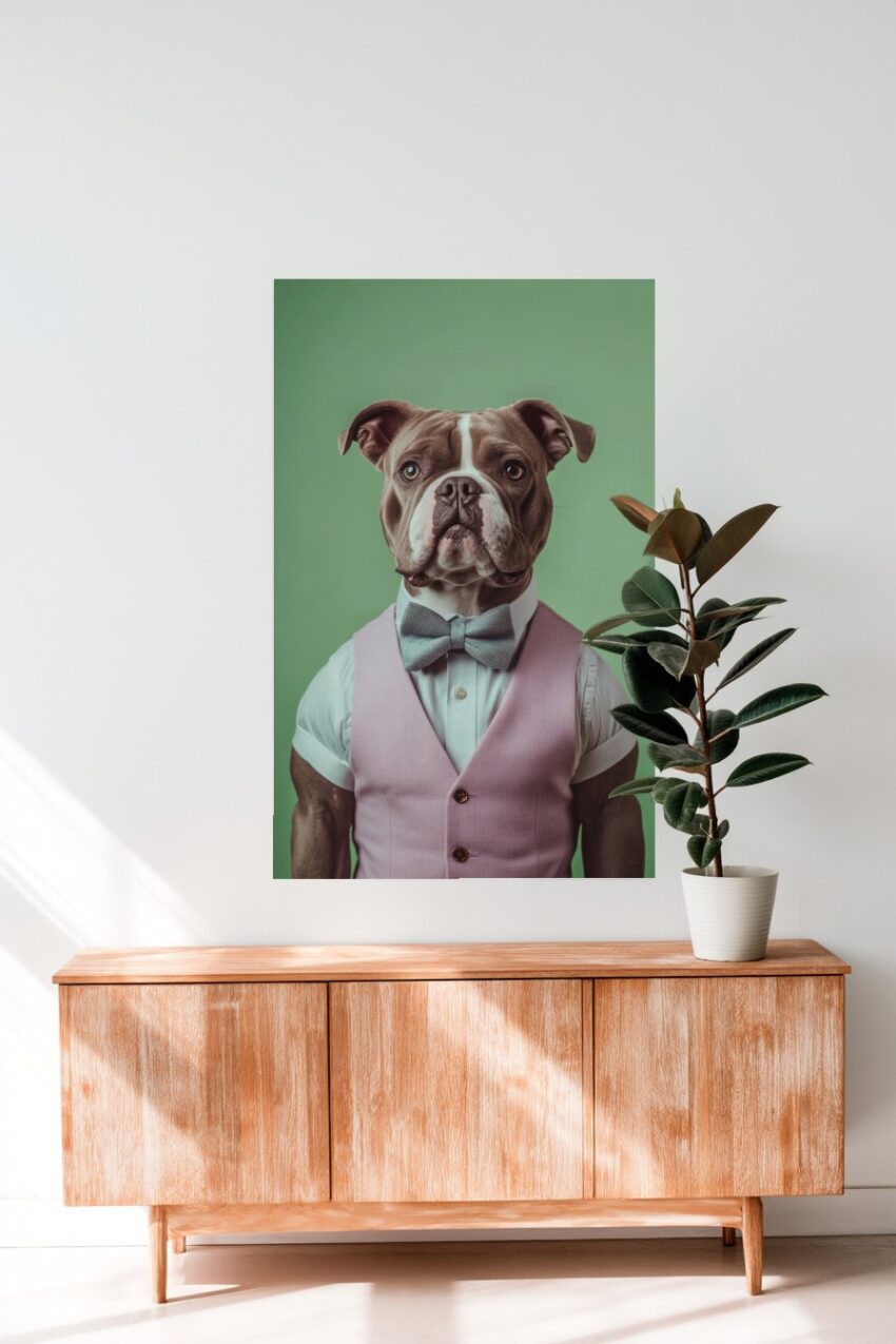 Fotografie Poster Bulldogge Weste Fliege grün