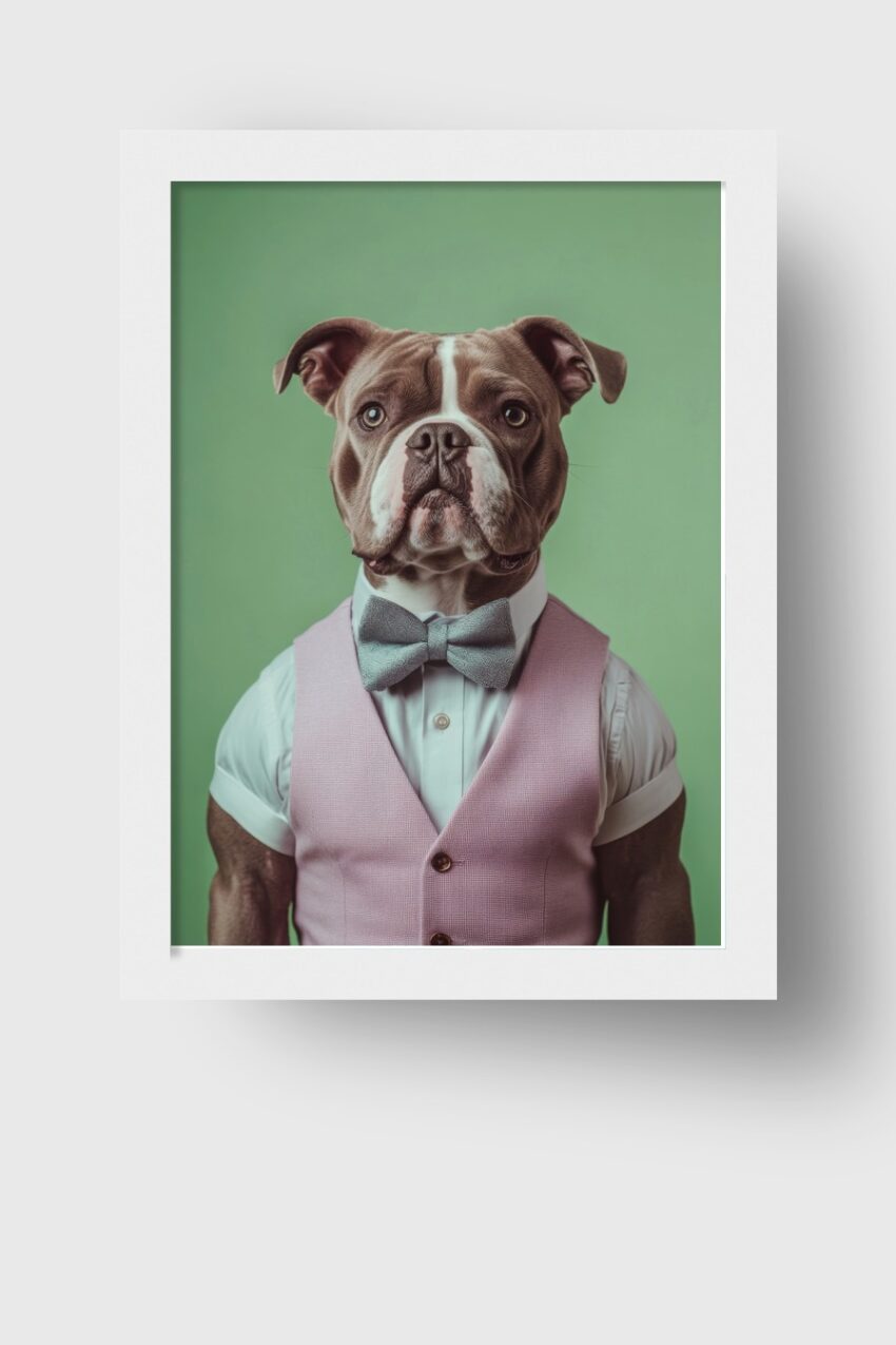 Fotografie Poster Bulldogge Weste Fliege grün