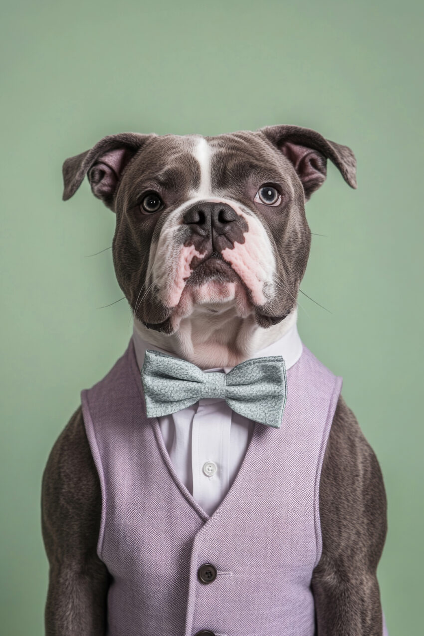 Fotografie Poster bulldogge elegant frontal grau fliege