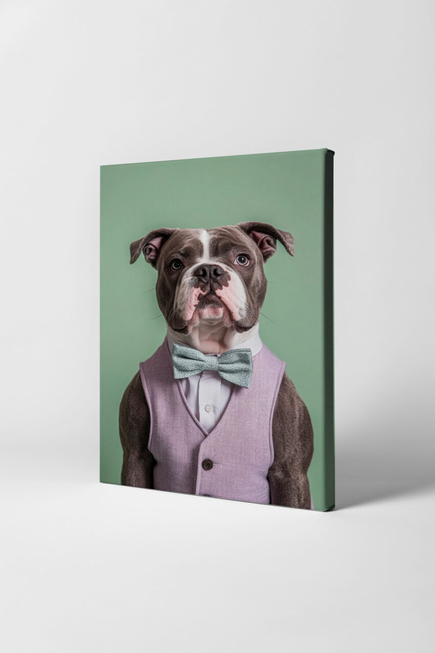 Fotografie Poster bulldogge elegant frontal grau fliege