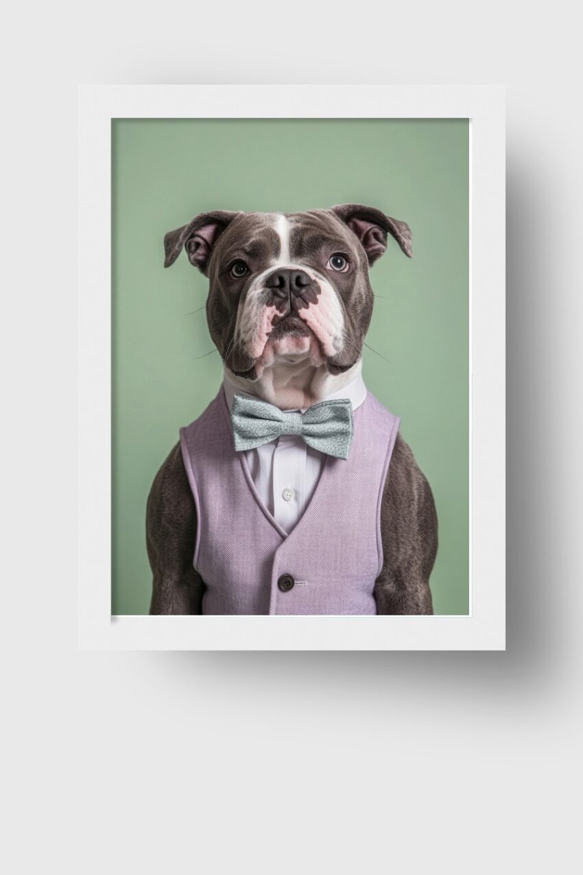Fotografie Poster bulldogge elegant frontal grau fliege