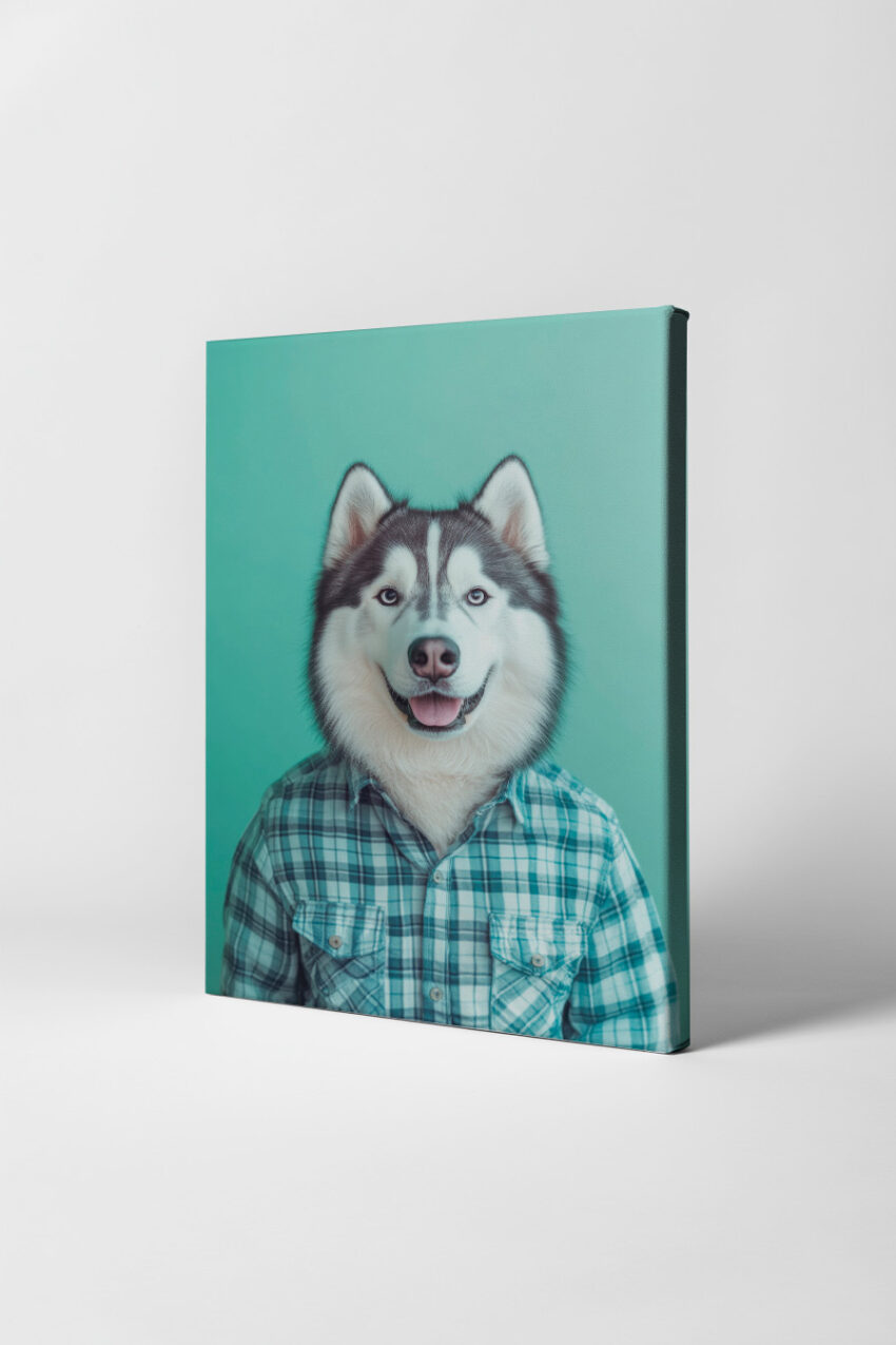 Fotografie Poster Hund Husky im Hemd freundlich hellblau