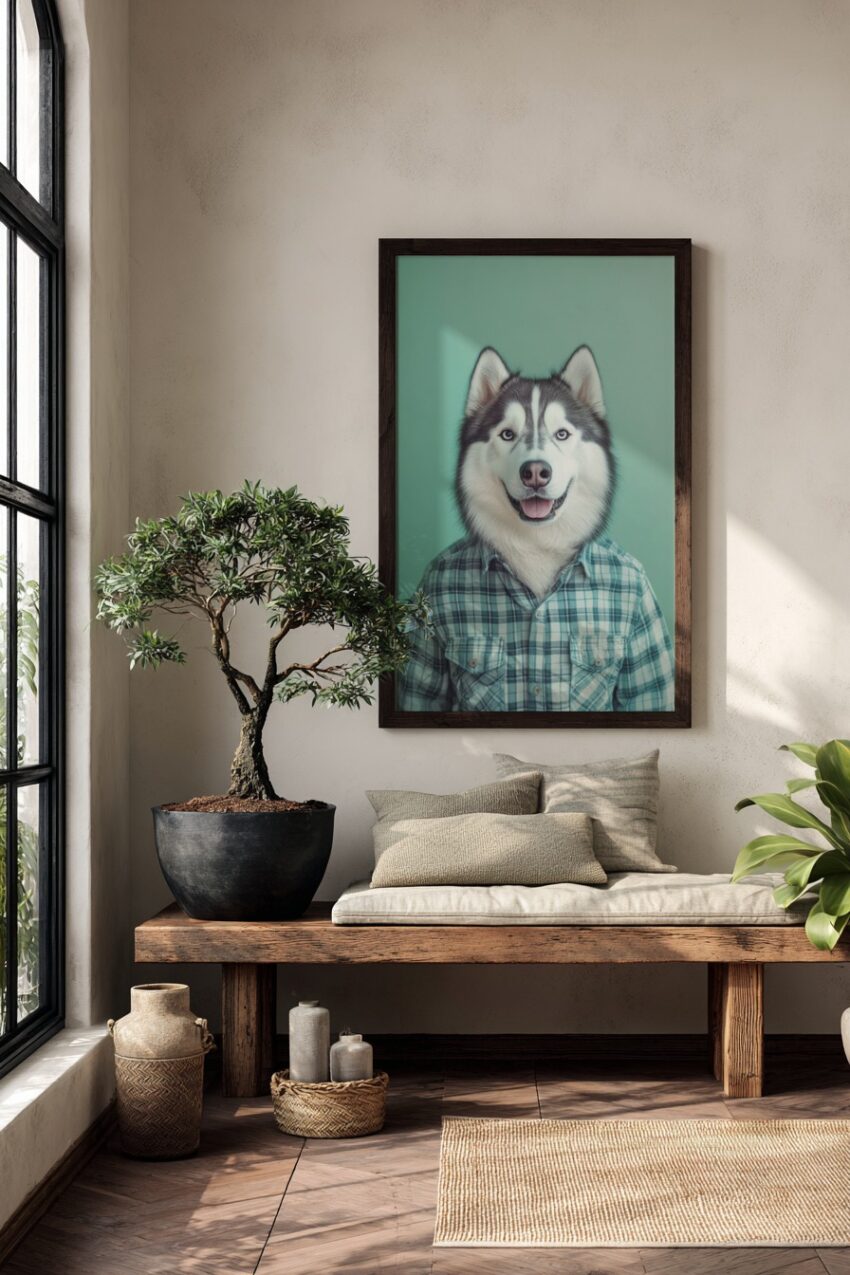 Fotografie Poster Hund Husky im Hemd freundlich hellblau