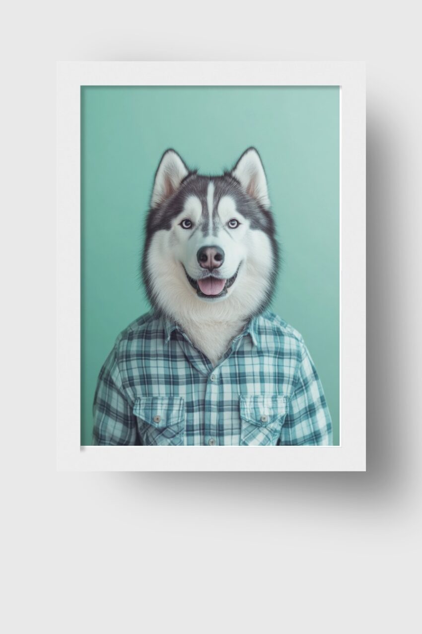 Fotografie Poster Hund Husky im Hemd freundlich hellblau