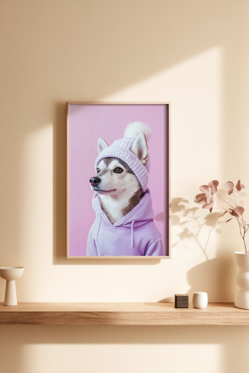 Fotografie Poster Husky Mütze Pastellfarben freundlich