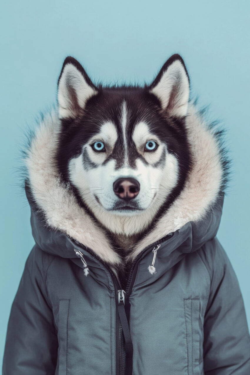Fotografie Poster Husky blaue Augen Fellkapuze kalt