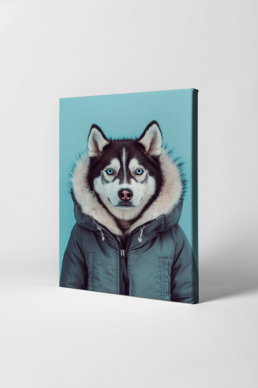 Fotografie Poster Husky blaue Augen Fellkapuze kalt