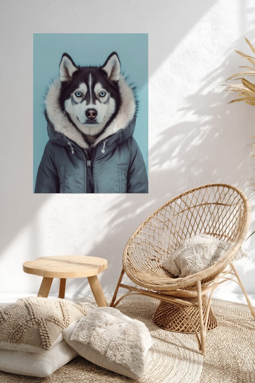 Fotografie Poster Husky blaue Augen Fellkapuze kalt
