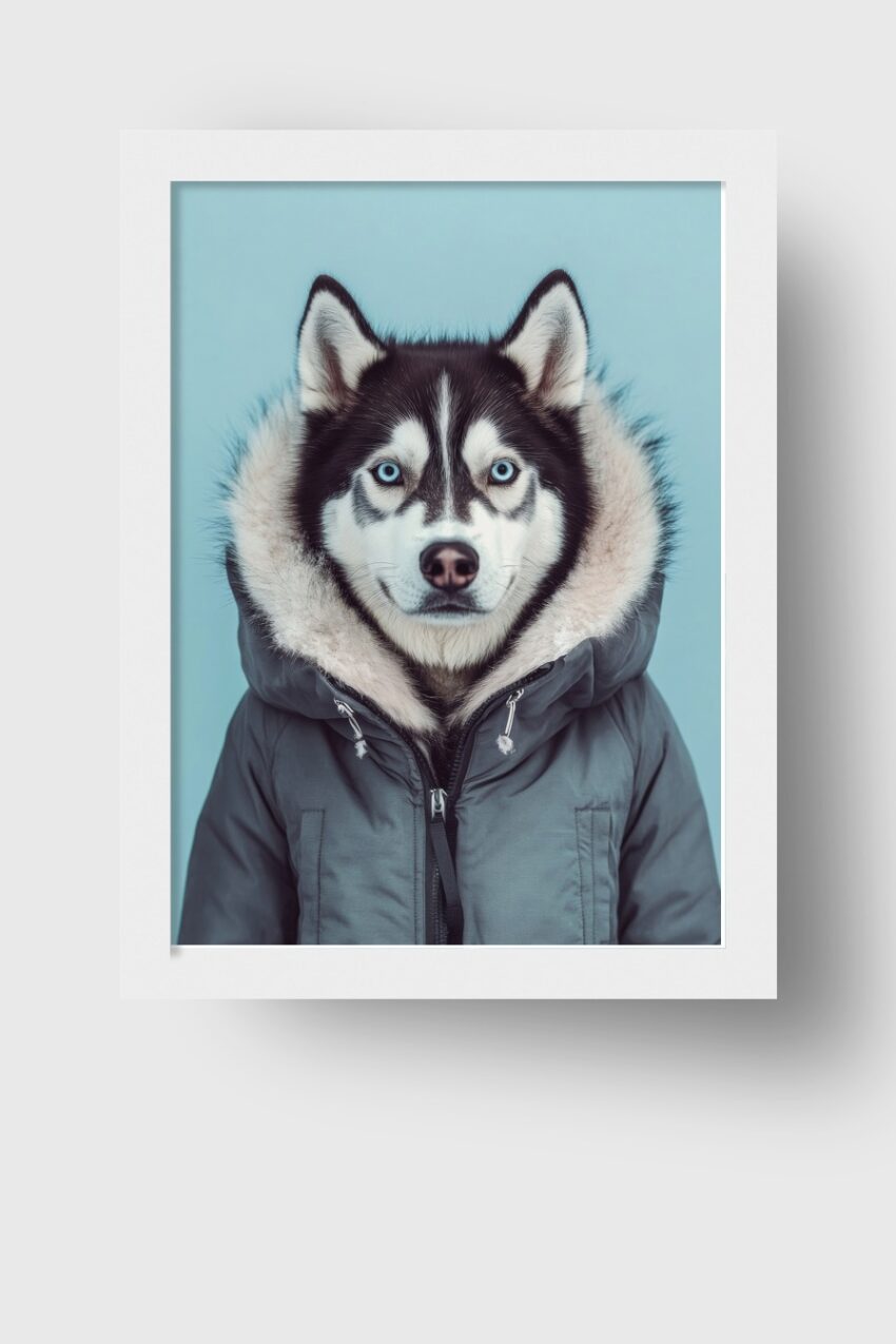 Fotografie Poster Husky blaue Augen Fellkapuze kalt