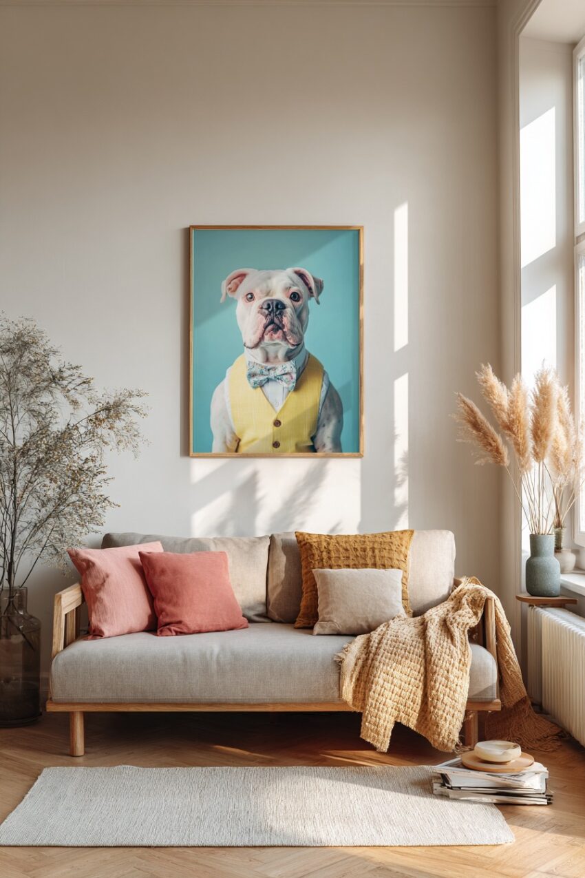 Fotografie Poster Bulldogge weiß gelbe Weste blauer Hintergrund