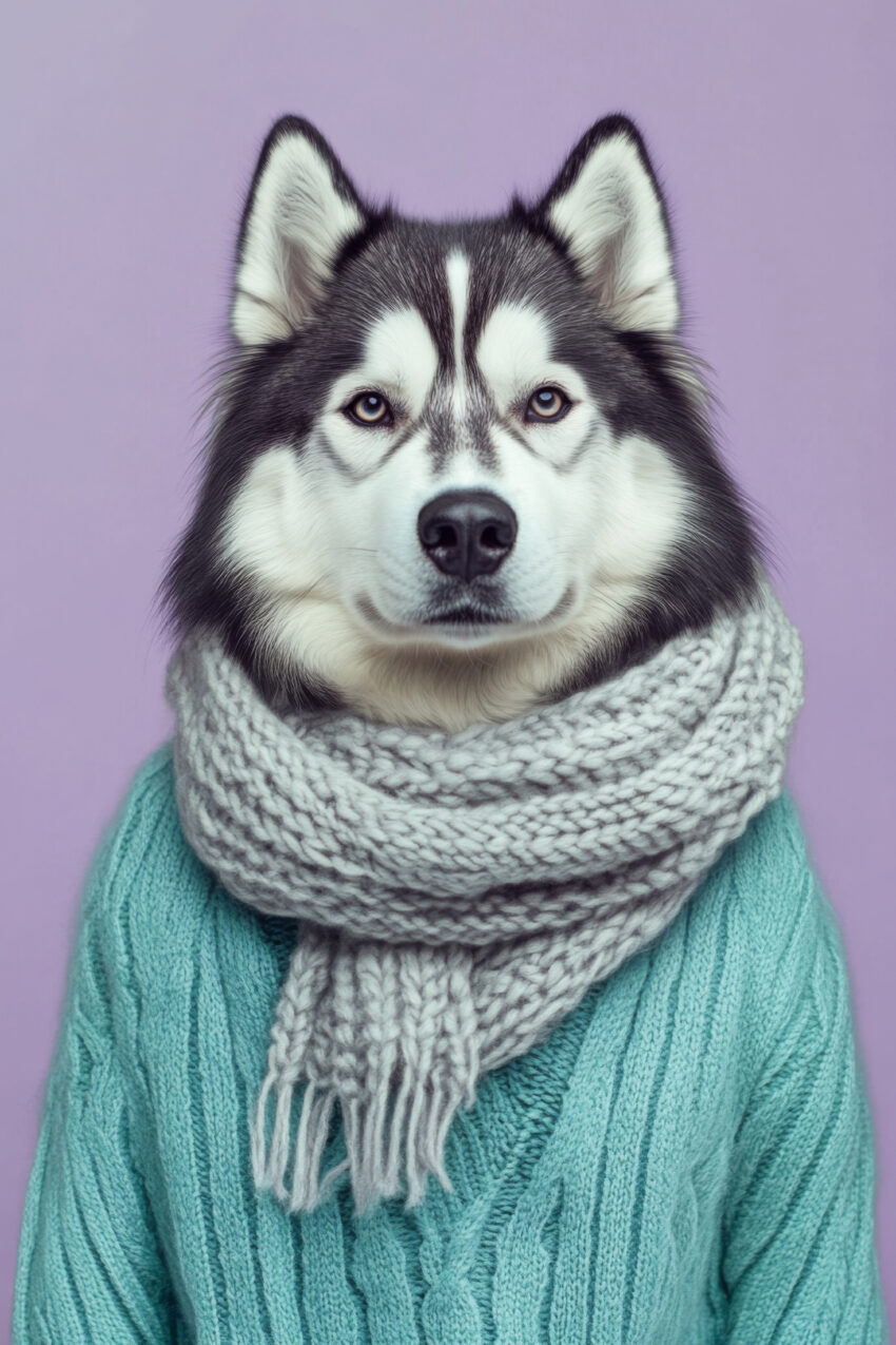 Fotografie Poster Husky klarer Blick Pullover lila
