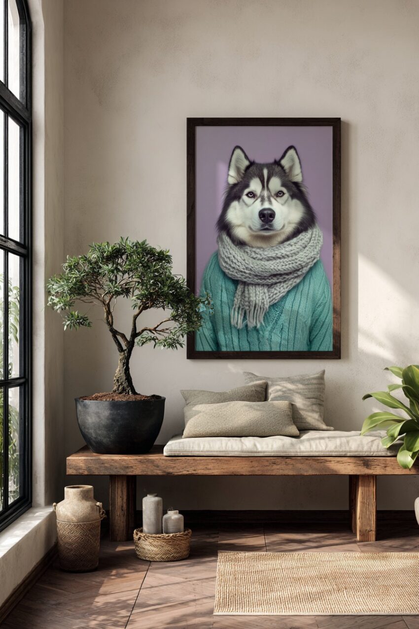 Fotografie Poster Husky klarer Blick Pullover lila