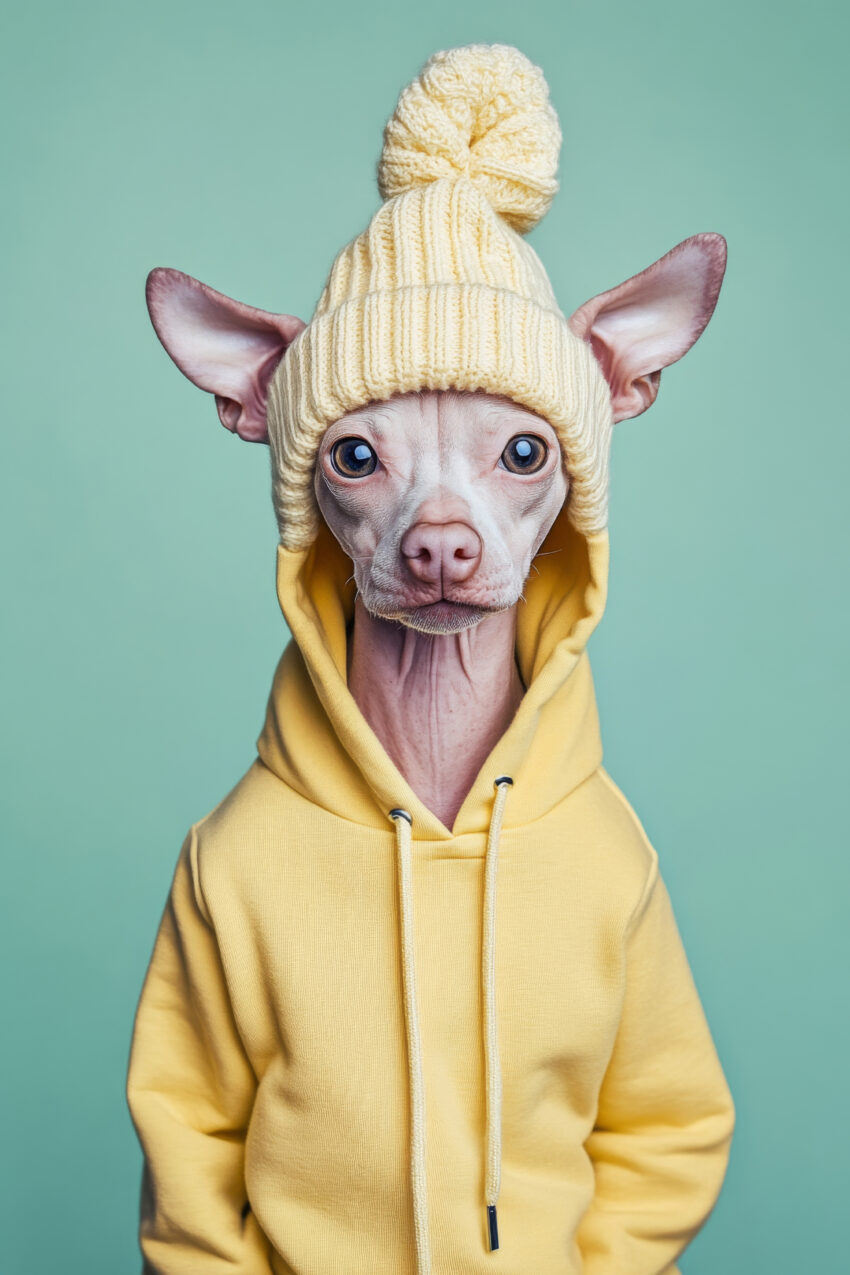 Fotografie Poster Hund gelbe Mütze strickhaarlos minimalistisch