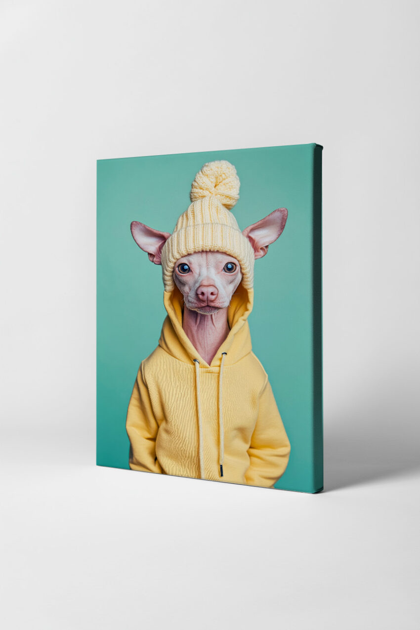 Fotografie Poster Hund gelbe Mütze strickhaarlos minimalistisch