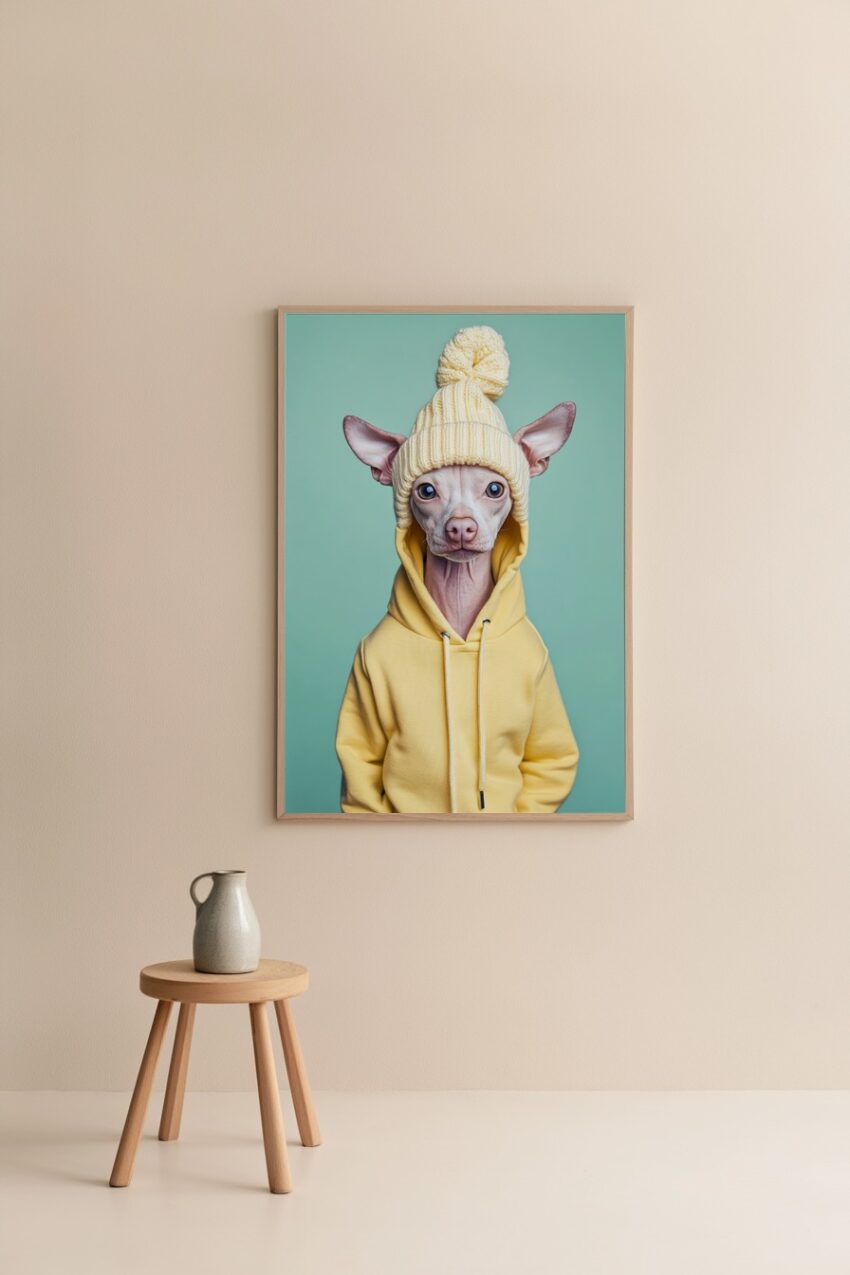 Fotografie Poster Hund gelbe Mütze strickhaarlos minimalistisch