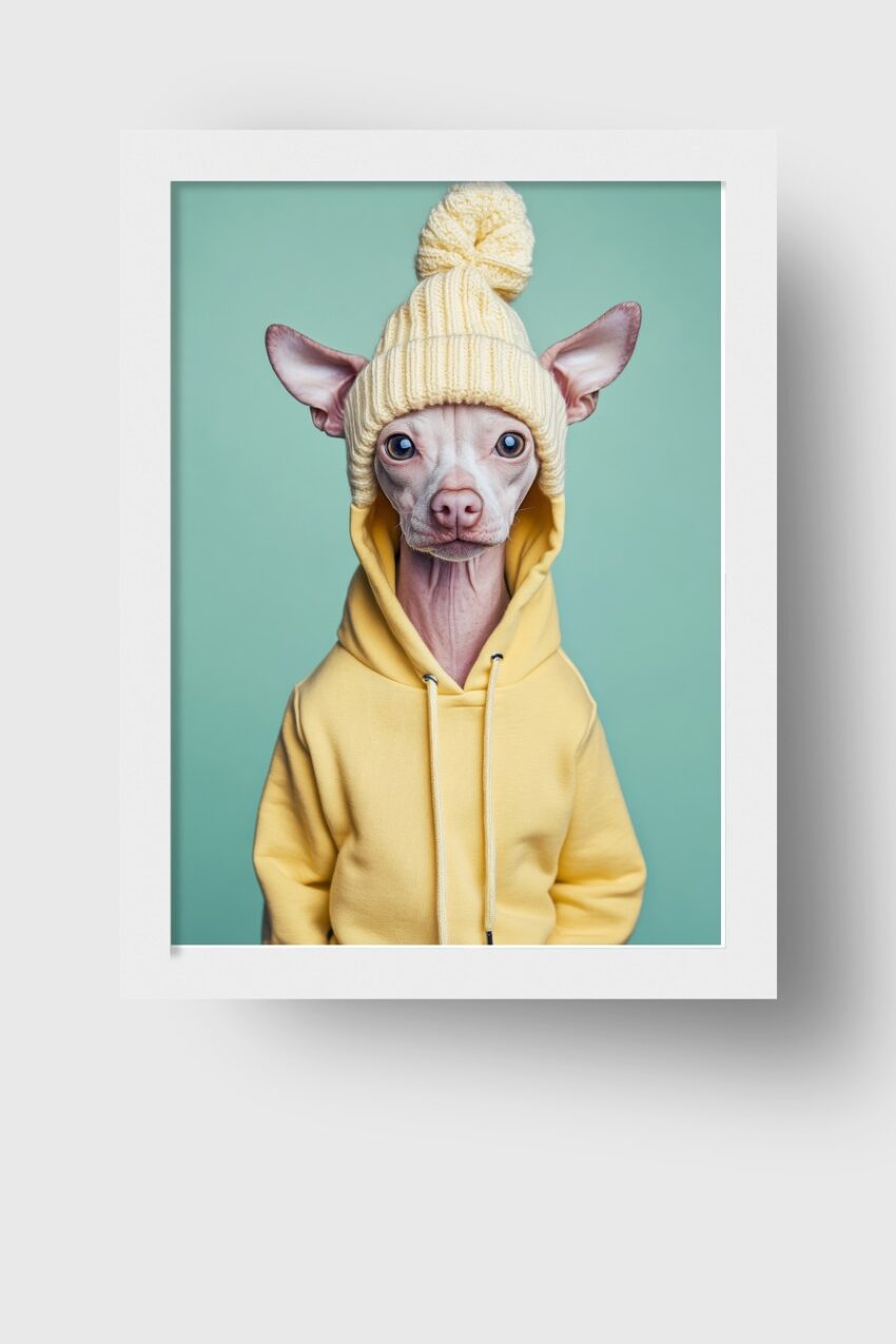 Fotografie Poster Hund gelbe Mütze strickhaarlos minimalistisch