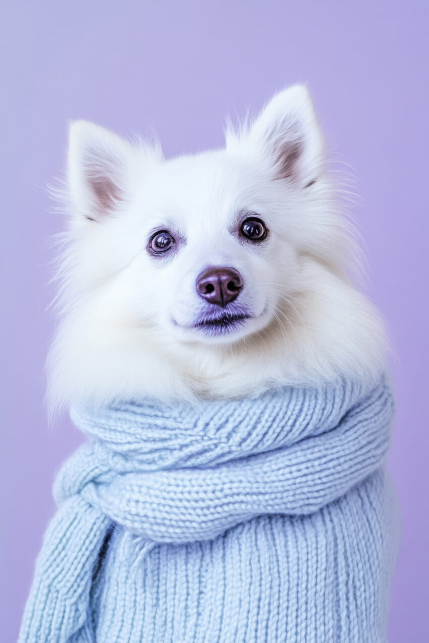 Fotografie Poster Hund Winterpullover weiß blau
