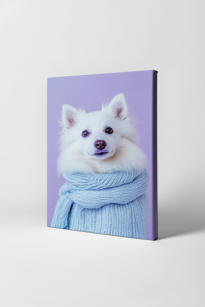 Fotografie Poster Hund Winterpullover weiß blau