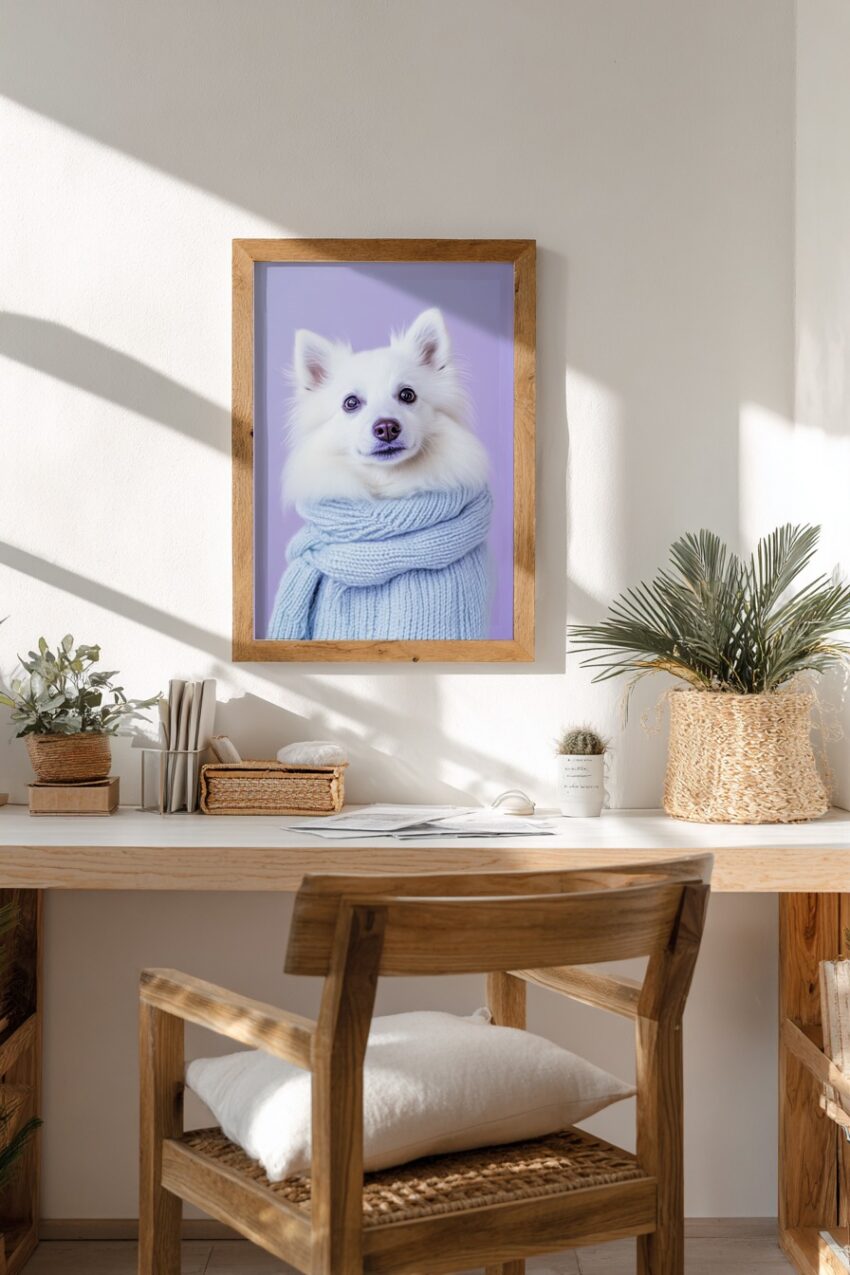 Fotografie Poster Hund Winterpullover weiß blau