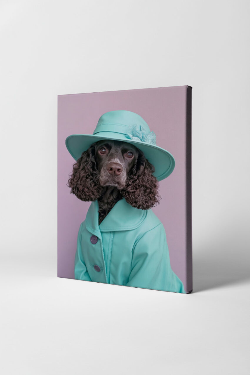 Fotografie Poster Hund türkiser Hut und Mantel ruhig