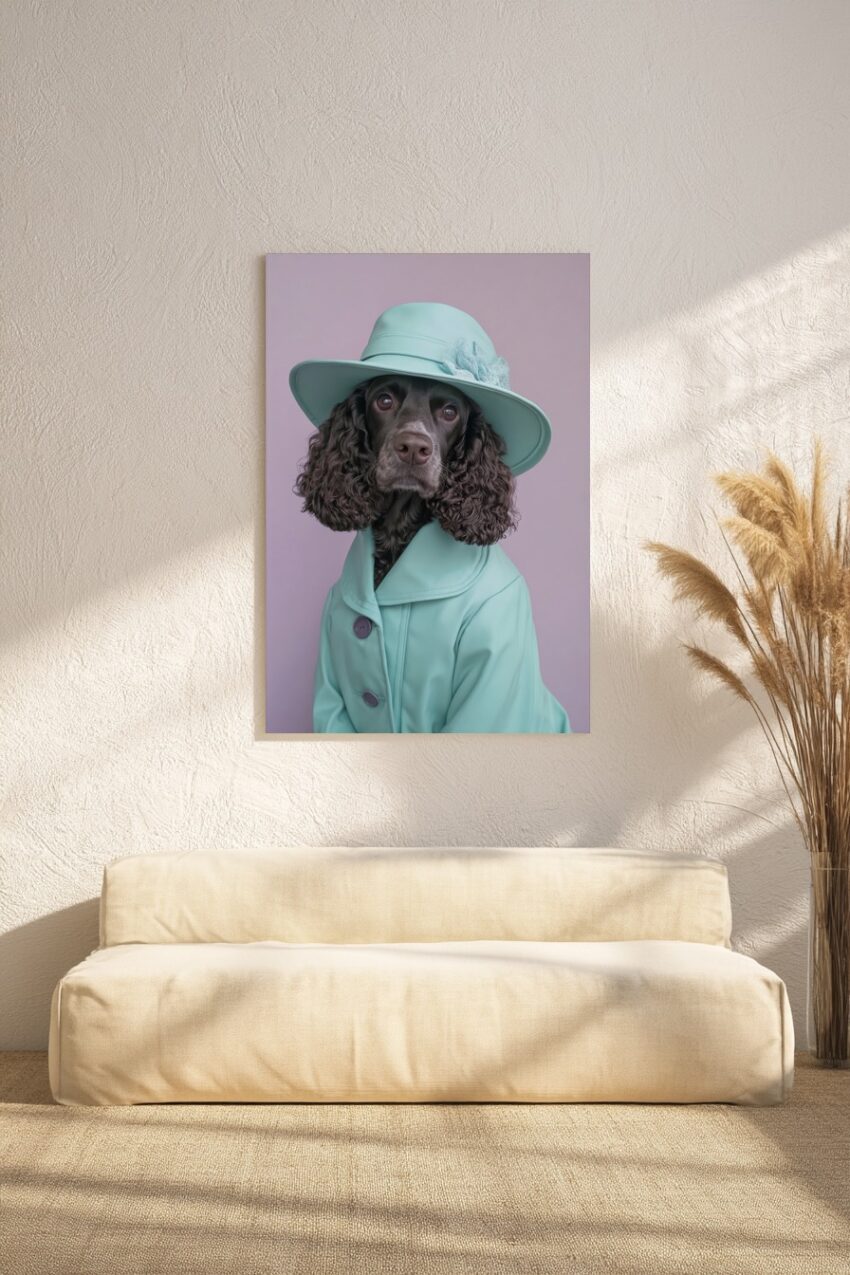 Fotografie Poster Hund türkiser Hut und Mantel ruhig