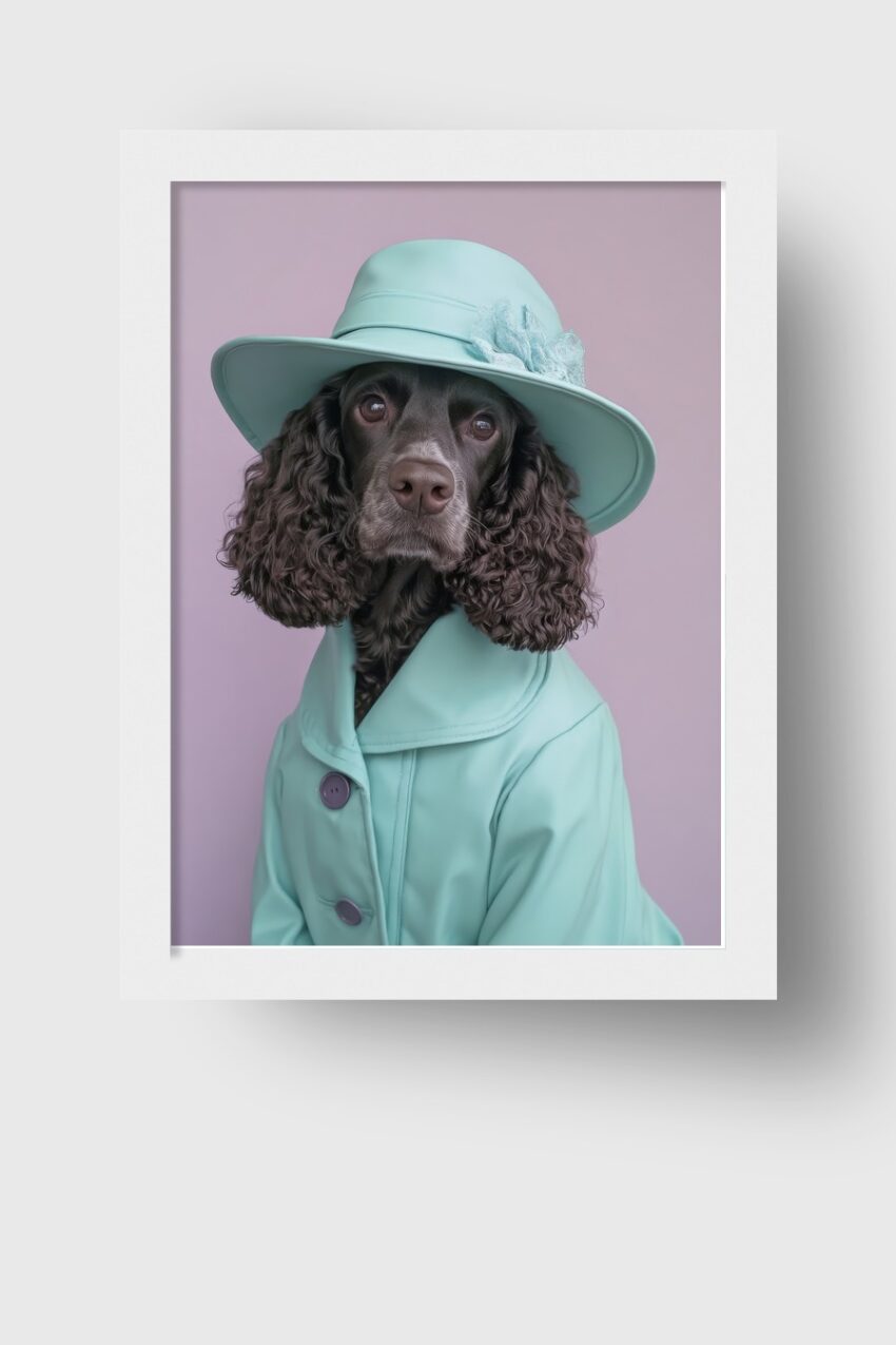 Fotografie Poster Hund türkiser Hut und Mantel ruhig