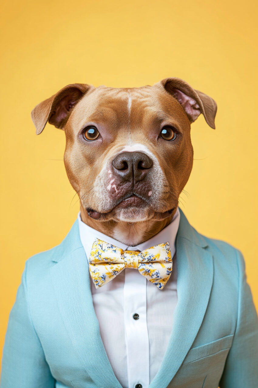 Fotografie Poster Hund Anzug Fliege braun gelb hellblau