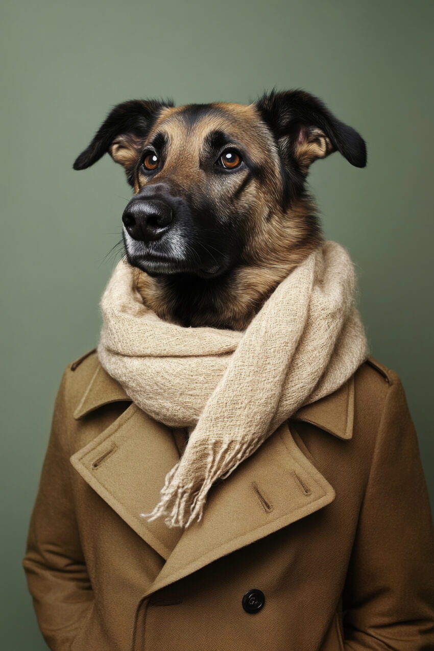 Fotografie Poster Hund bekleidet Schal Mantel naturfarben